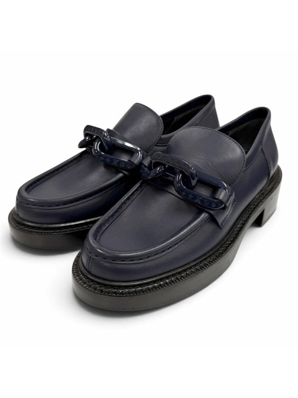 Louis Vuitton Academy Line Monogram Chain Design Leather Loafers Navy